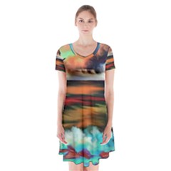 Ocean Waves Birds Colorful Sea Short Sleeve V-neck Flare Dress by Amaryn4rt