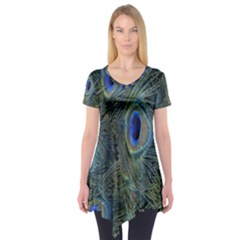 Peacock Feathers Blue Bird Nature Short Sleeve Tunic  by Amaryn4rt