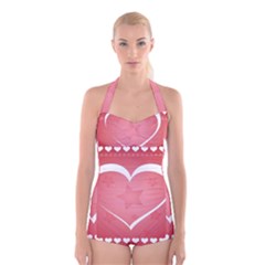 Postcard Banner Heart Holiday Love Boyleg Halter Swimsuit  by Amaryn4rt