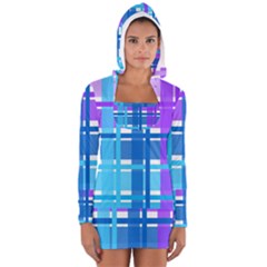 Gingham Pattern Blue Purple Shades Women s Long Sleeve Hooded T-shirt by Amaryn4rt