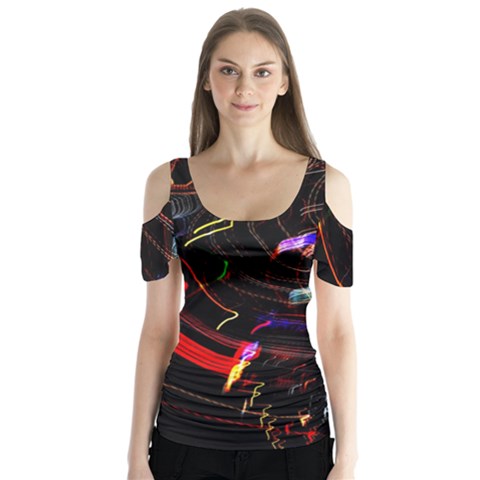 Night View Night Chaos Line City Butterfly Sleeve Cutout Tee  by Amaryn4rt