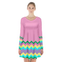 Easter Chevron Pattern Stripes Long Sleeve Velvet V-neck Dress by Amaryn4rt