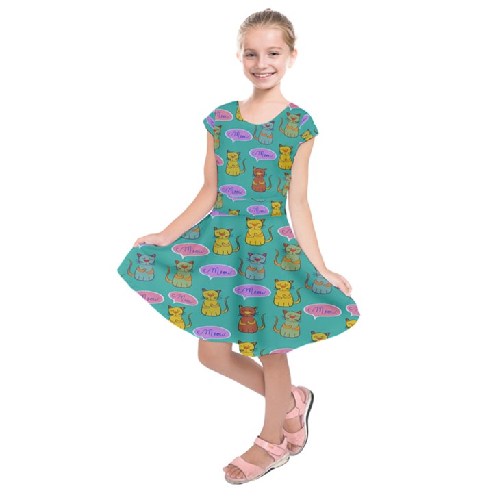 Meow Cat Pattern Kids  Short Sleeve Dress