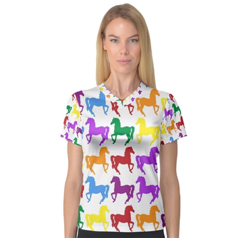 Colorful Horse Background Wallpaper Women s V-neck Sport Mesh Tee by Amaryn4rt