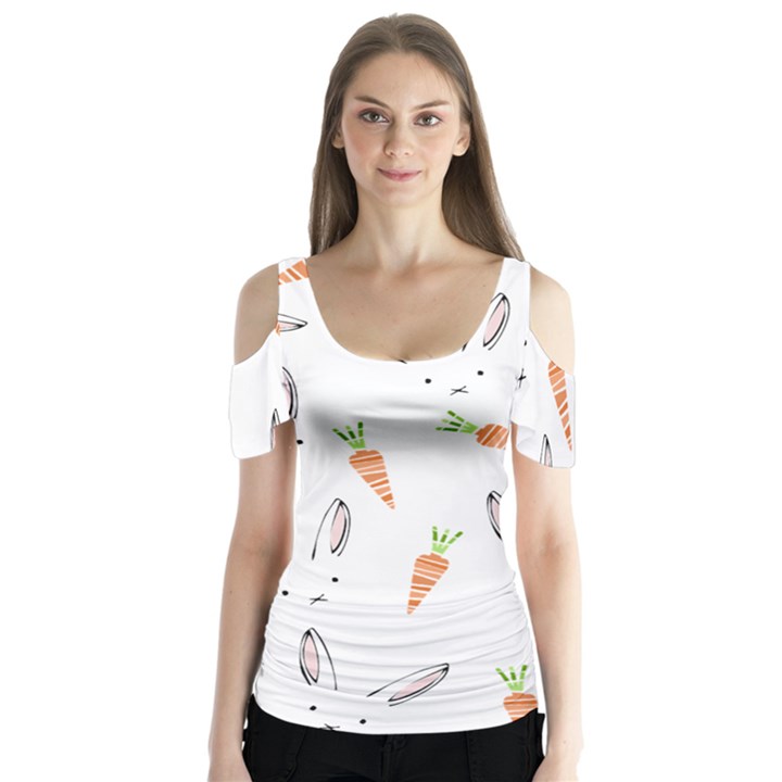 Rabbit Carrot Pattern Weft Step Butterfly Sleeve Cutout Tee 