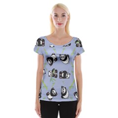 Panda Tile Cute Pattern Blue Women s Cap Sleeve Top