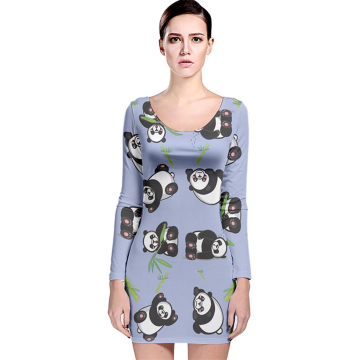 Panda Tile Cute Pattern Blue Long Sleeve Velvet Bodycon Dress