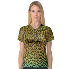 Colorful Iridescent Feather Bird Color Peacock Women s V-neck Sport Mesh Tee