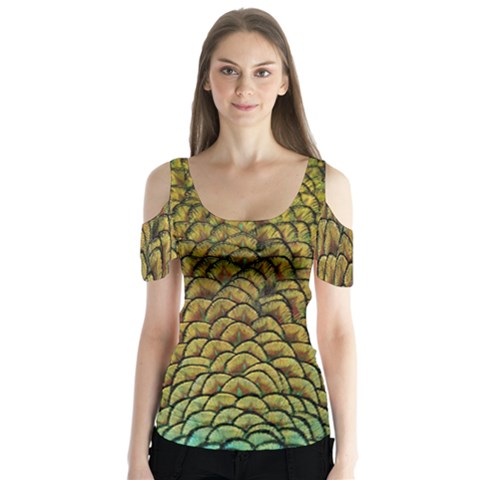 Colorful Iridescent Feather Bird Color Peacock Butterfly Sleeve Cutout Tee  by Amaryn4rt