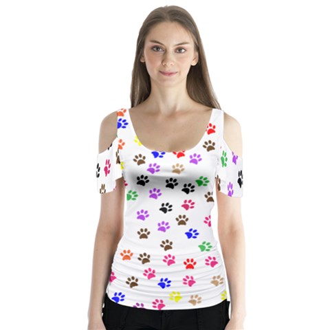 Paw Prints Background Butterfly Sleeve Cutout Tee  by Amaryn4rt