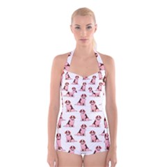 Dog Animal Pattern Boyleg Halter Swimsuit 