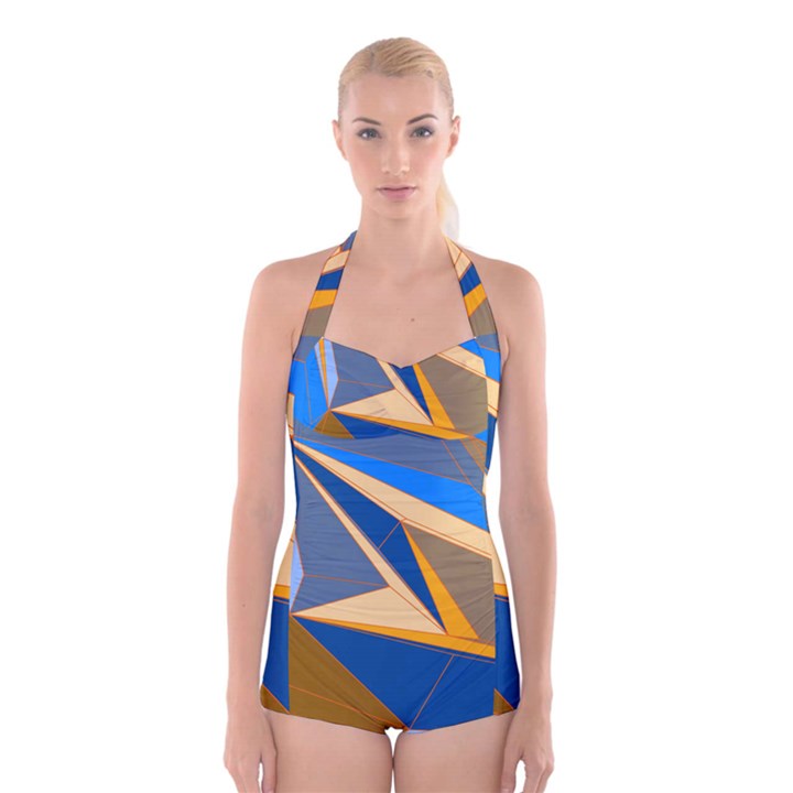 Abstract Background Pattern Boyleg Halter Swimsuit 