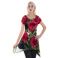 Red Roses Roses Red Flower Love Short Sleeve Side Drop Tunic