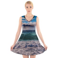 Wave Foam Spray Sea Water Nature V-neck Sleeveless Skater Dress by Amaryn4rt