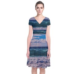 Wave Foam Spray Sea Water Nature Short Sleeve Front Wrap Dress by Amaryn4rt