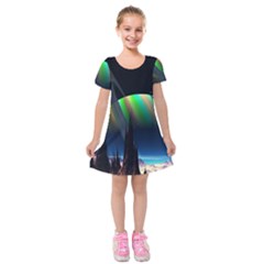 Planets In Space Stars Kids  Short Sleeve Velvet Dress