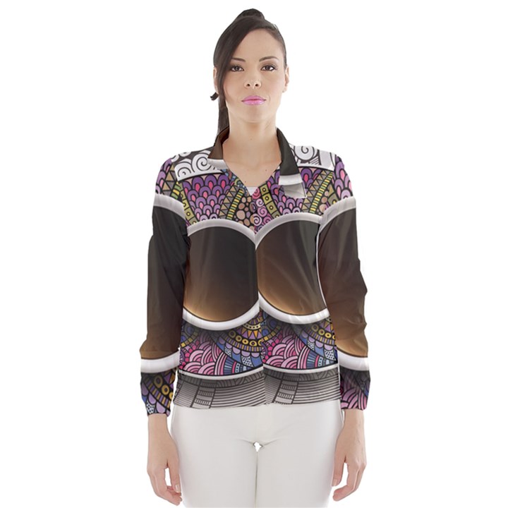 Ethnic Pattern Ornaments And Coffee Cups Vector Wind Breaker (Women)