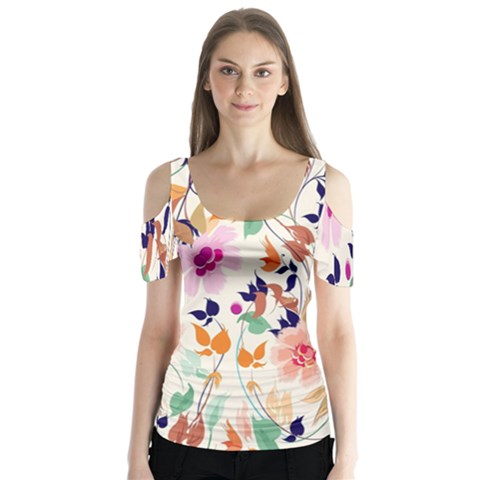 Vector Floral Art Butterfly Sleeve Cutout Tee  by Amaryn4rt