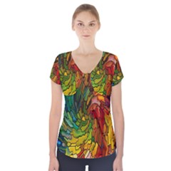 Stained Glass Patterns Colorful Short Sleeve Front Detail Top