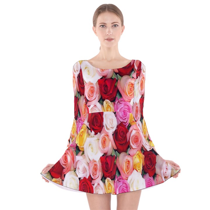 Rose Color Beautiful Flowers Long Sleeve Velvet Skater Dress