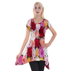 Rose Color Beautiful Flowers Short Sleeve Side Drop Tunic