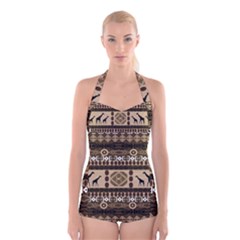 African Vector Patterns  Boyleg Halter Swimsuit 