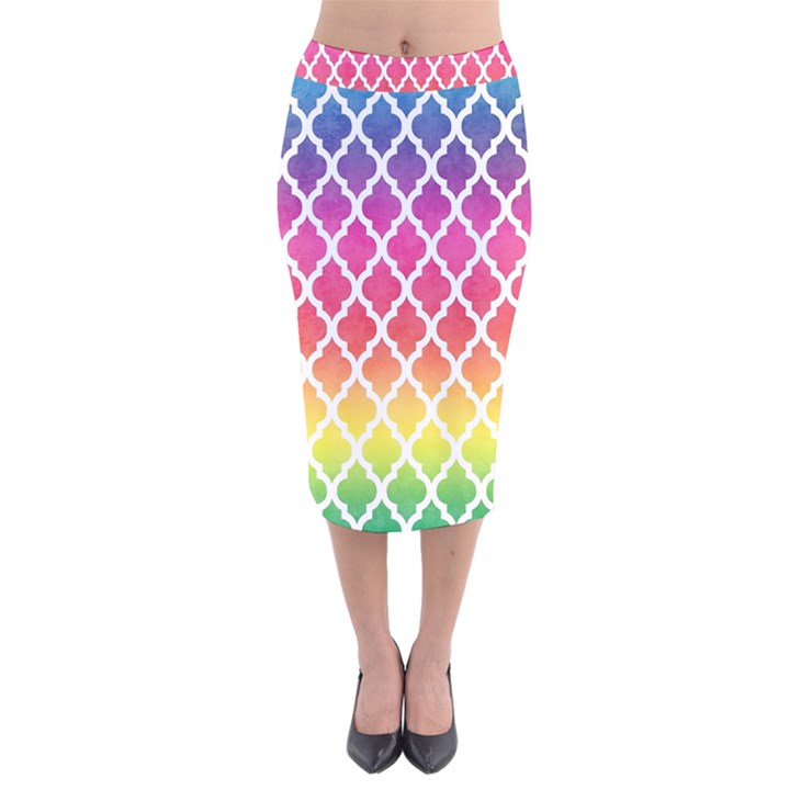 Colorful Rainbow Moroccan Pattern Velvet Midi Pencil Skirt