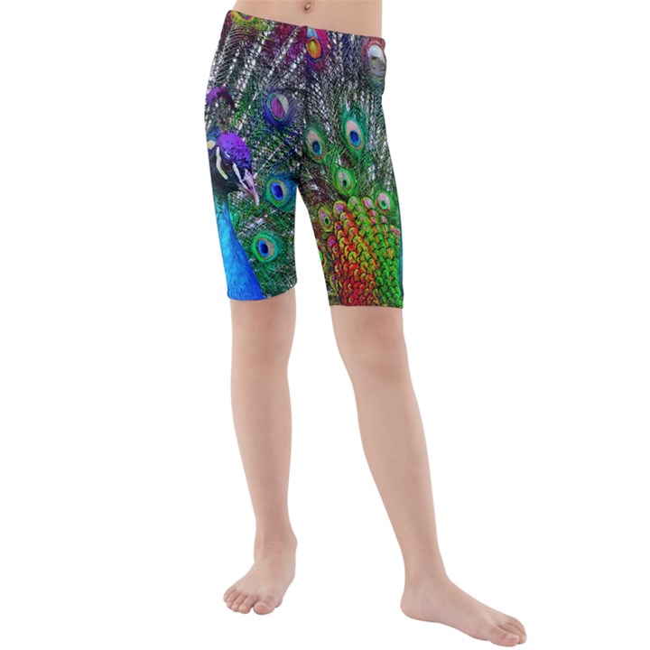 3d Peacock Pattern Kids  Mid Length Swim Shorts