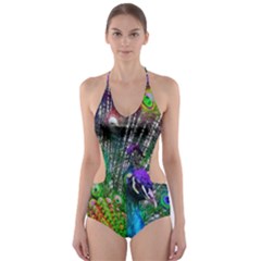 3d Peacock Pattern Cut-out One Piece Swimsuit