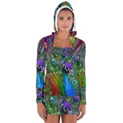 3d Peacock Pattern Women s Long Sleeve Hooded T-shirt by Amaryn4rt