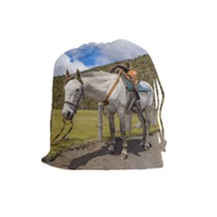 White Horse Tied Up At Cotopaxi National Park Ecuador Drawstring Pouches (large)  by dflcprints