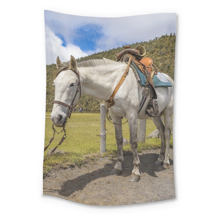 White Horse Tied Up at Cotopaxi National Park Ecuador Large Tapestry