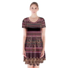 Ulos Suji Traditional Art Pattern Short Sleeve V-neck Flare Dress