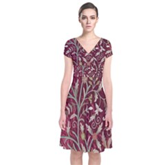 Crewel Fabric Tree Of Life Maroon Short Sleeve Front Wrap Dress by Amaryn4rt