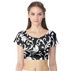 Vector Classical Traditional Black And White Floral Patterns Short Sleeve Crop Top (tight Fit) by Amaryn4rt