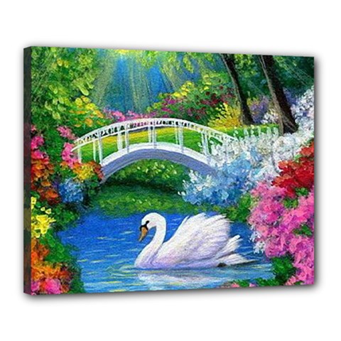 Swan Bird Spring Flowers Trees Lake Pond Landscape Original Aceo Painting Art Canvas 20  X 16  by Amaryn4rt