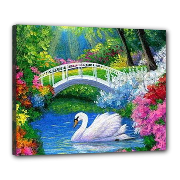 Swan Bird Spring Flowers Trees Lake Pond Landscape Original Aceo Painting Art Canvas 20  x 16 