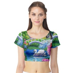 Swan Bird Spring Flowers Trees Lake Pond Landscape Original Aceo Painting Art Short Sleeve Crop Top (tight Fit) by Amaryn4rt