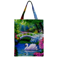 Swan Bird Spring Flowers Trees Lake Pond Landscape Original Aceo Painting Art Zipper Classic Tote Bag by Amaryn4rt