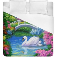 Swan Bird Spring Flowers Trees Lake Pond Landscape Original Aceo Painting Art Duvet Cover (king Size)