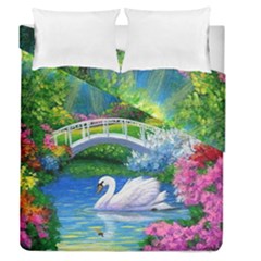 Swan Bird Spring Flowers Trees Lake Pond Landscape Original Aceo Painting Art Duvet Cover Double Side (queen Size)