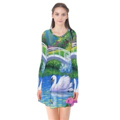 Swan Bird Spring Flowers Trees Lake Pond Landscape Original Aceo Painting Art Flare Dress