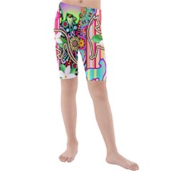 Mandalas, Cats And Flowers Fantasy Digital Patchwork Kids  Mid Length Swim Shorts by BluedarkArt