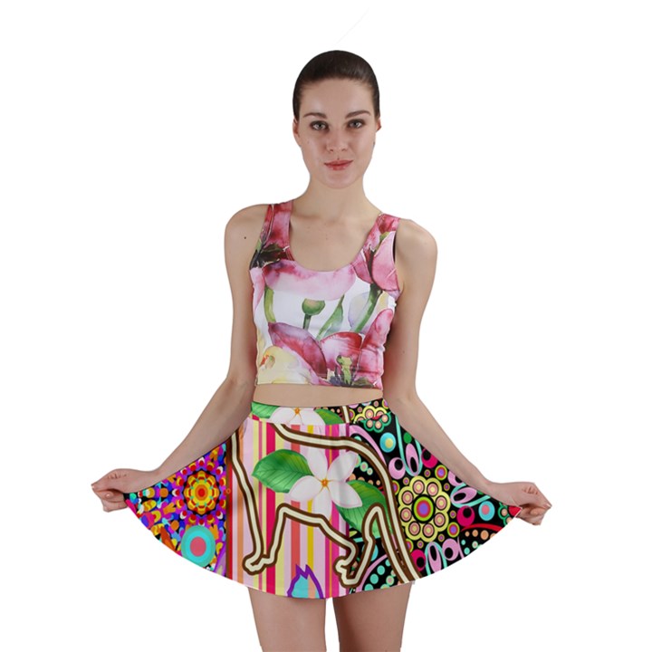 Mandalas, Cats and Flowers Fantasy Digital Patchwork Mini Skirt