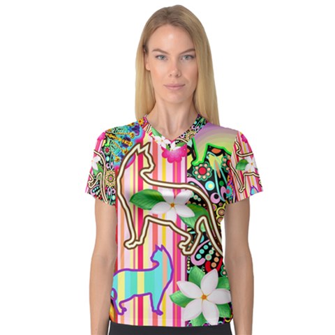 Mandalas, Cats And Flowers Fantasy Digital Patchwork Women s V-neck Sport Mesh Tee by BluedarkArt