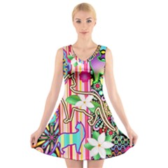 Mandalas, Cats And Flowers Fantasy Digital Patchwork V-neck Sleeveless Skater Dress