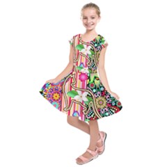 Mandalas, Cats And Flowers Fantasy Digital Patchwork Kids  Short Sleeve Dress