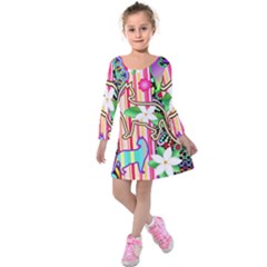 Mandalas, Cats And Flowers Fantasy Digital Patchwork Kids  Long Sleeve Velvet Dress