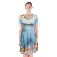 Park Nature Painting Short Sleeve V-neck Flare Dress