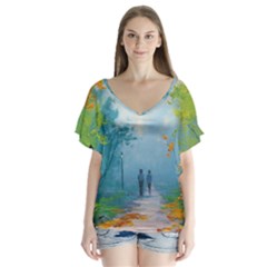 Park Nature Painting Flutter Sleeve Top